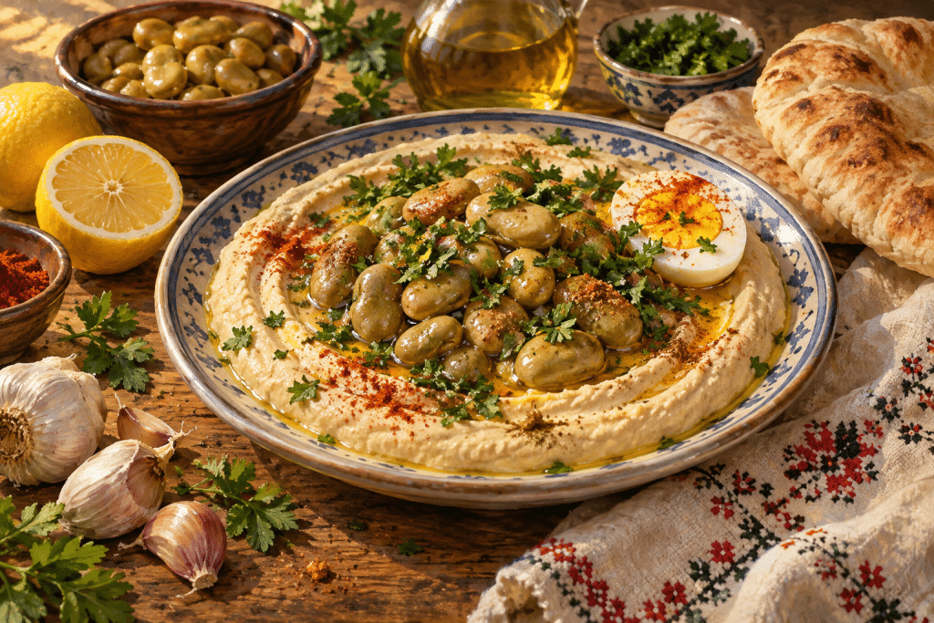 מסבחה: חומוס חלק עם פול, שמן זית, פטרוזיליה, ביצה, פיתות ולימון